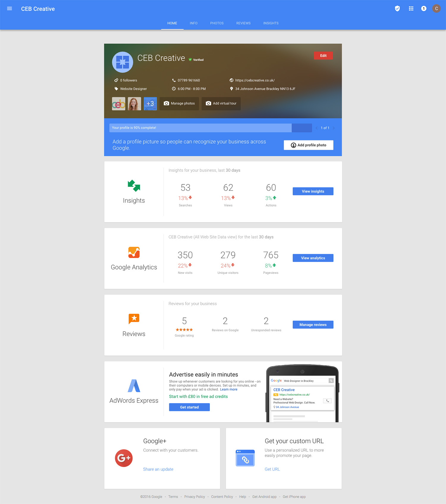 Your Google my business dashboard